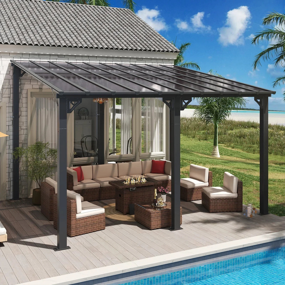 Nouveauté 2026 – Gazebo Aoxun de 2,4 m x 1,5 m pour patio, pergola avec toit incliné, grand auvent mural robuste pour barbecue, idéal pour jardin, terrasse ou patio