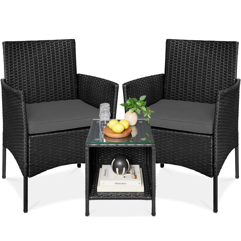 Nouveauté 2026 – Ensemble bistro de jardin 3 pièces en résine tressée Best Choice Products , avec 2 chaises et une table - Gris/Bleu marine