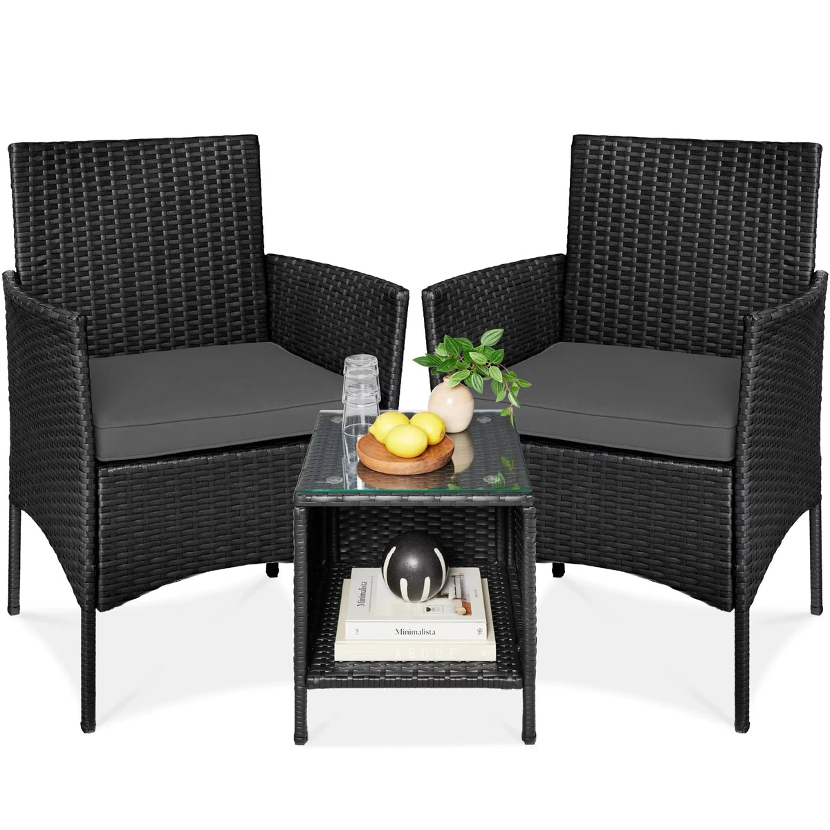 Nouveauté 2026 – Ensemble bistro de jardin 3 pièces en résine tressée Best Choice Products , avec 2 chaises et une table - Gris/Bleu marine
