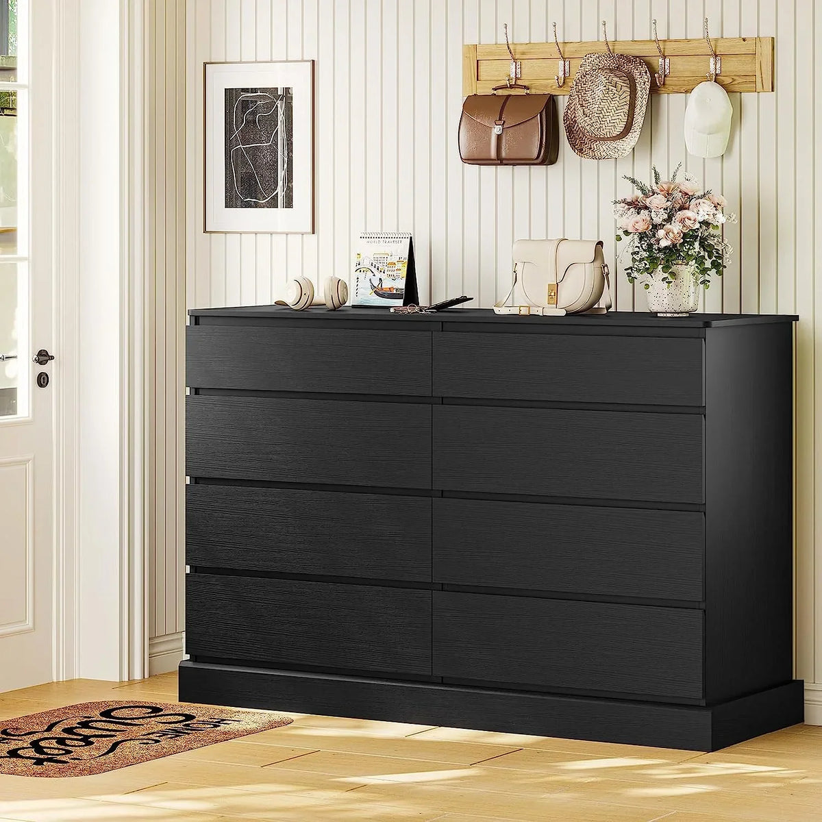 Nouveauté 2026 – Commode double à 8 tiroirs en bois noir, idéale pour la chambre à coucher ou le salon. Grand meuble de rangement pour la maison ou le salon