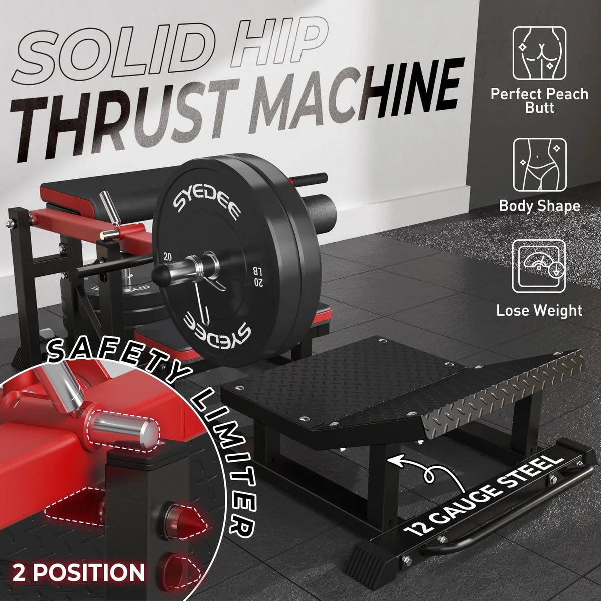 Nouveauté 2026 – Machine à pont fessier syedee , machine robuste à charge guidée pour le hip thrust, machine Glute Drive pour le modelage des muscles fessiers (rouge