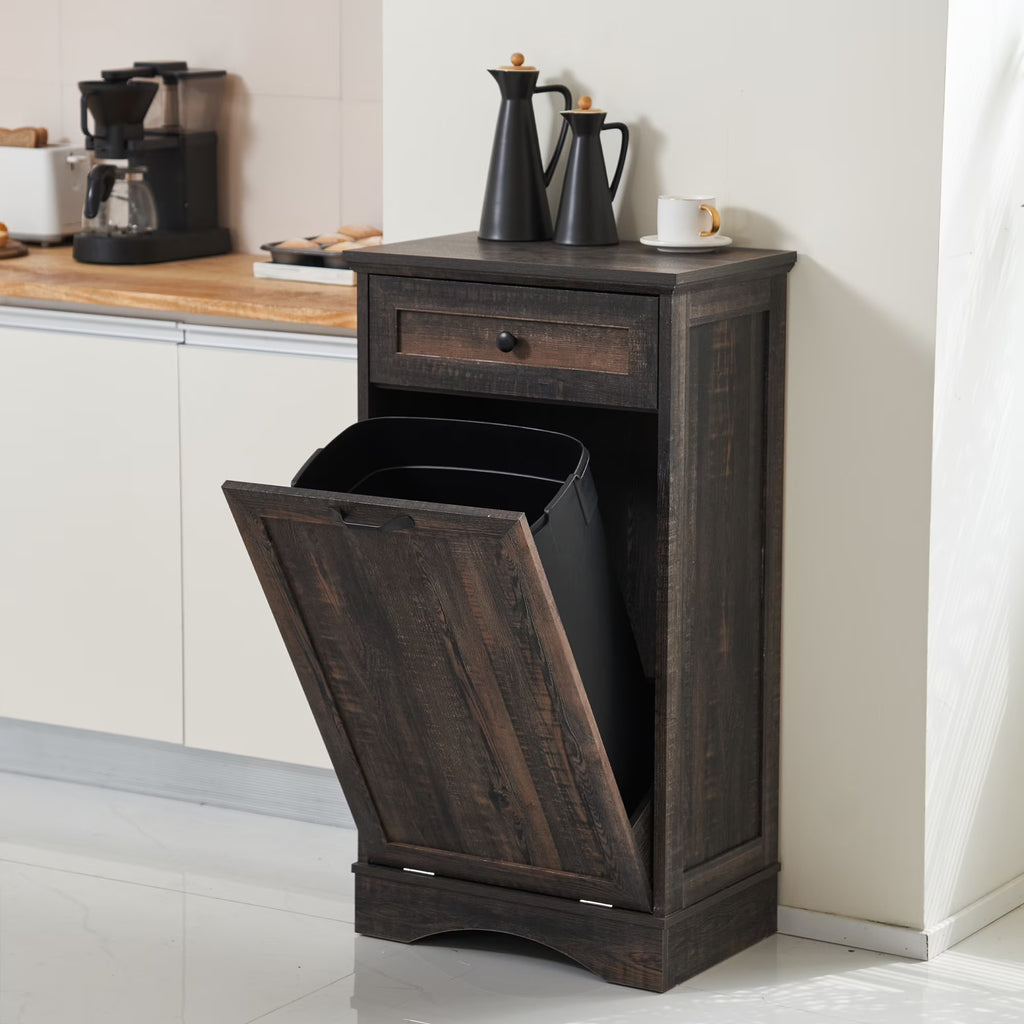 Nouveauté 2026 – Meuble poubelle basculant HARIPUL pour bac à déchets de 49 litres (13 gallons), meuble poubelle de cuisine autoportant avec tiroirs, blanc