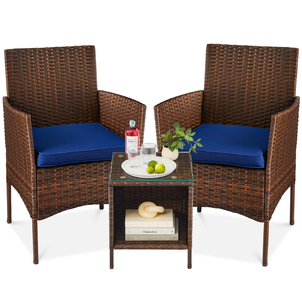 Nouveauté 2026 – Ensemble bistro de jardin 3 pièces en résine tressée Best Choice Products , avec 2 chaises et une table - Gris/Bleu marine