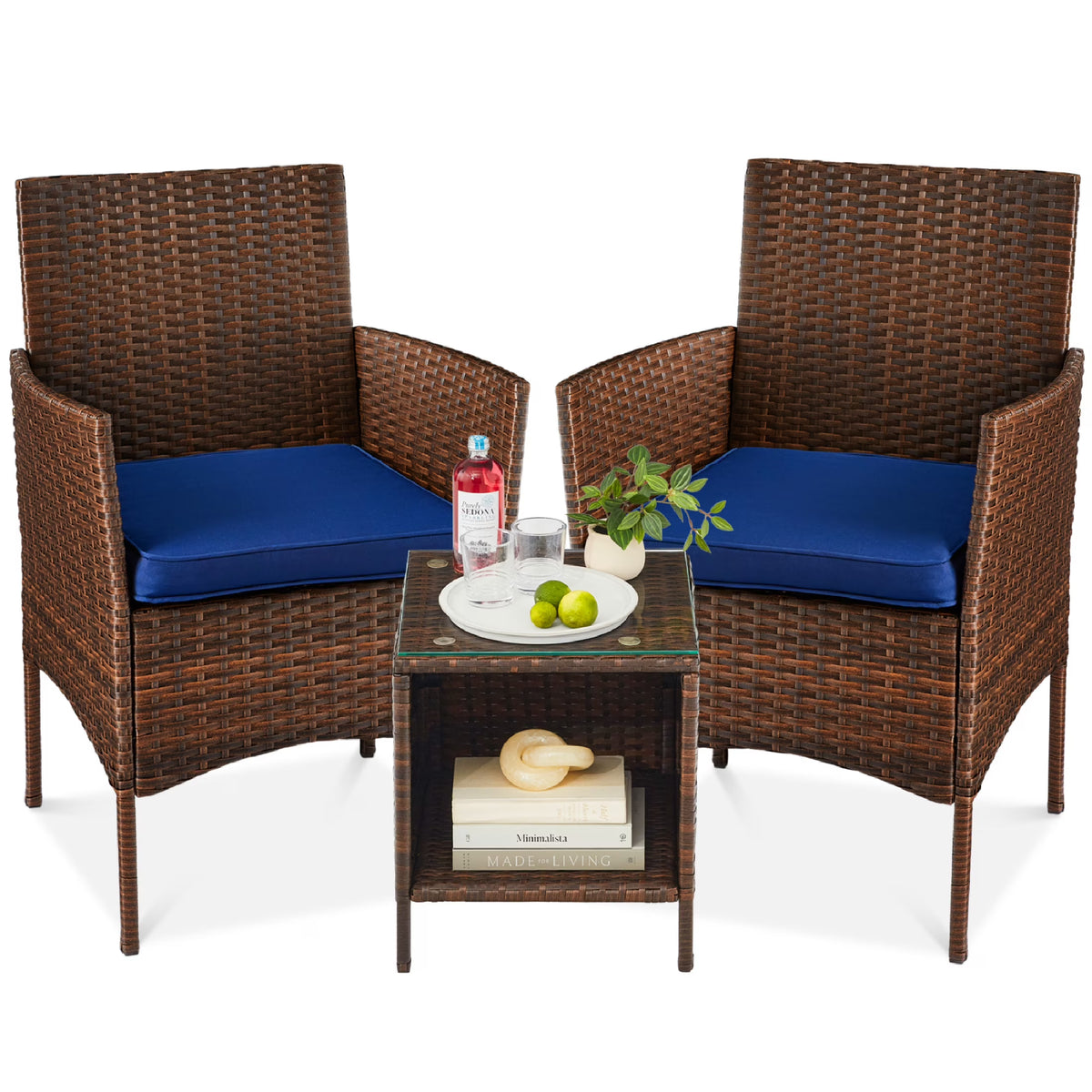 Nouveauté 2026 – Ensemble bistro de jardin 3 pièces en résine tressée Best Choice Products , avec 2 chaises et une table - Gris/Bleu marine
