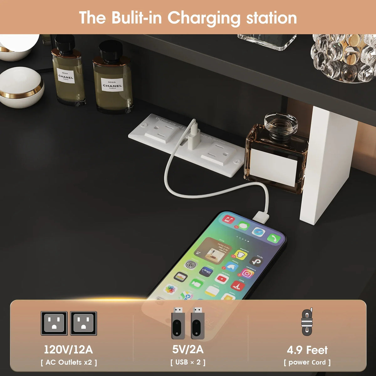 Nouveauté 2026 – Coiffeuse d'angle en placage bois blanc avec miroir et lumière, table de maquillage avec 4 tiroirs et station de recharge pour chambre à coucher