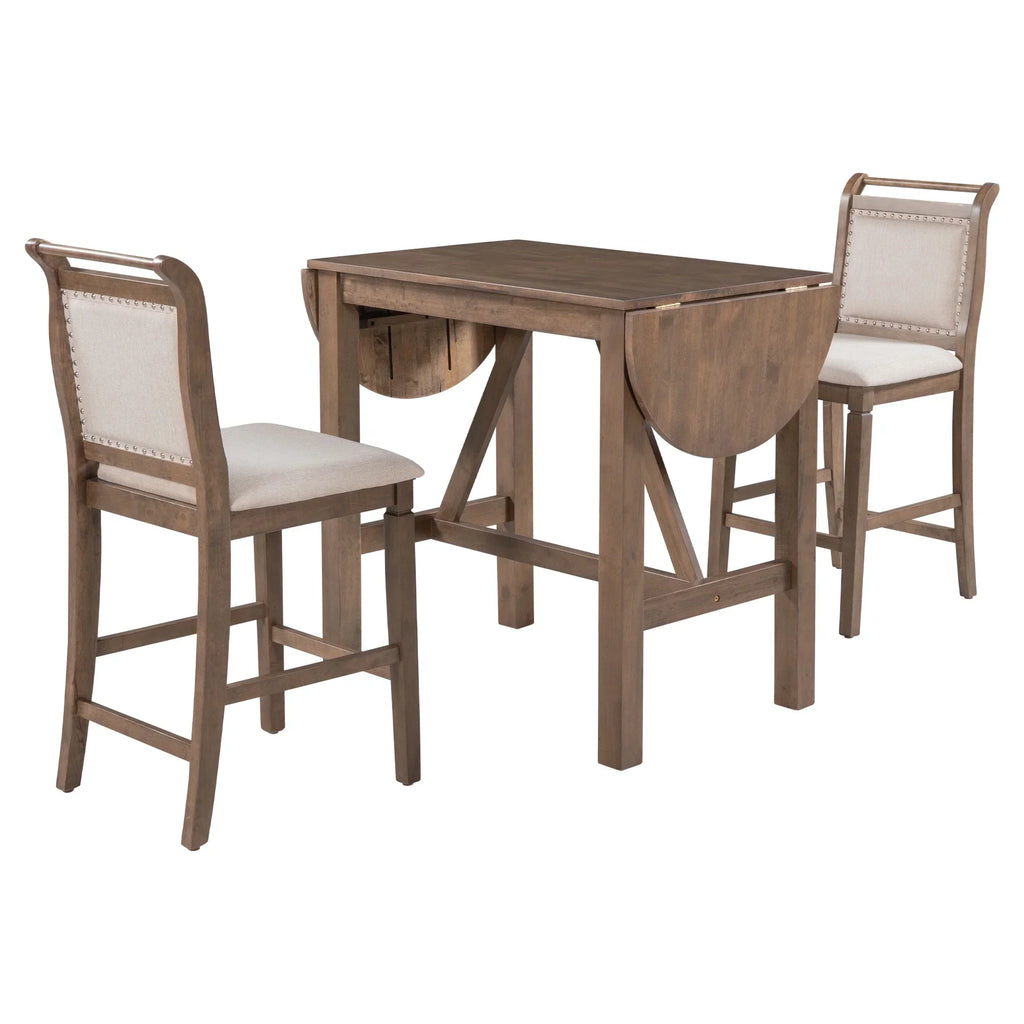 Nouveauté 2026 – Ensemble de salle à manger pliant 3 pièces en bois Harper & Bright Designs : table à abattants et 2 chaises de bar rembourrées, idéal pour les petits espaces, marron