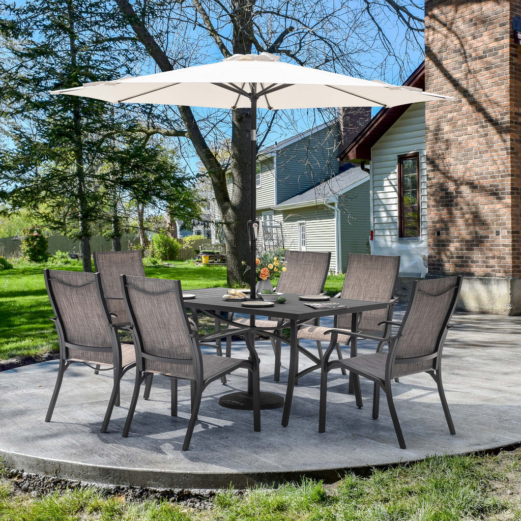 Nouveauté 2026 – Ensemble de salle à manger d'extérieur 7 pièces Nuu Garden , en aluminium résistant à la rouille, comprenant 6 chaises en textilène et une table rectangulaire avec trou pour parasol, couleur brun grisâtre