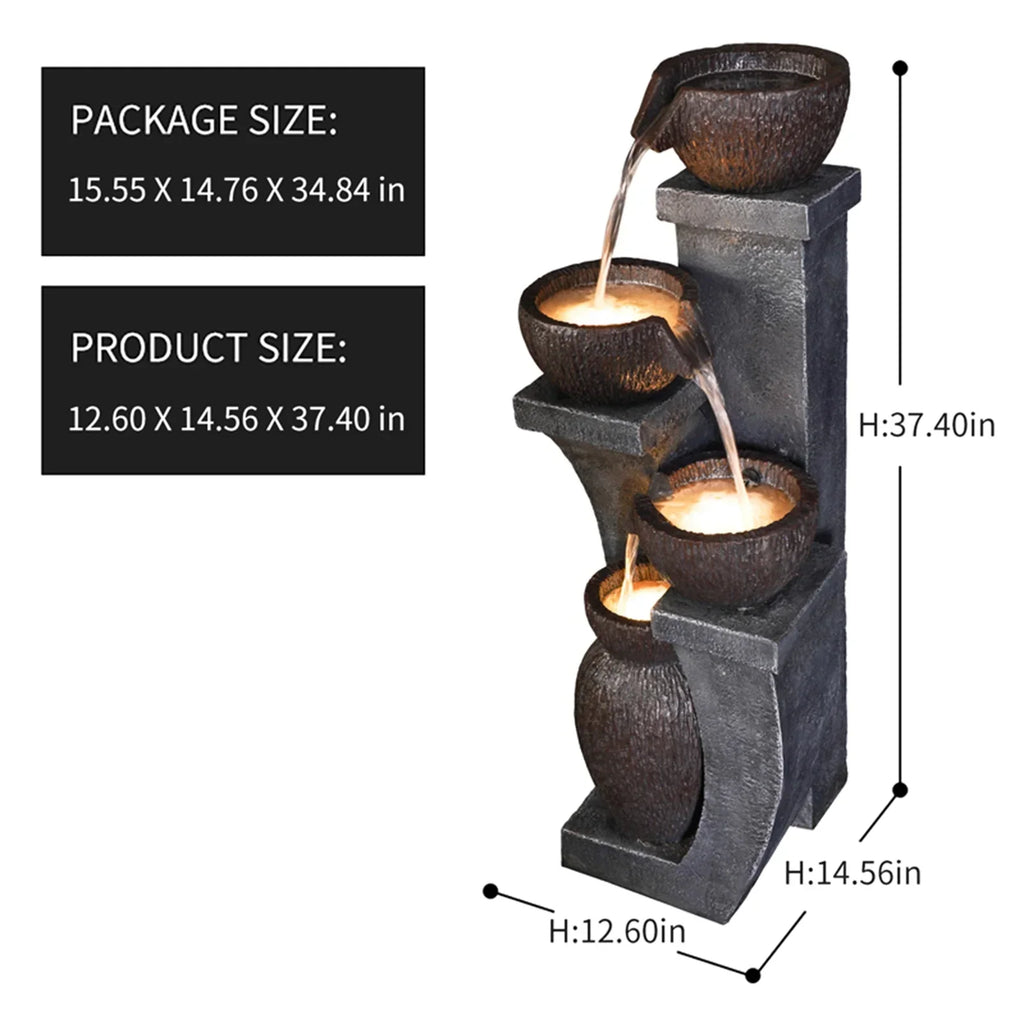 Nouveauté 2026 – Fontaine d'extérieur 37,4 po H avec 4 bassins, fontaine de jardin moderne avec éclairage LED pour patios et cours – Fontaine en résine durable avec design en cascade pour la décoration intérieure/extérieure