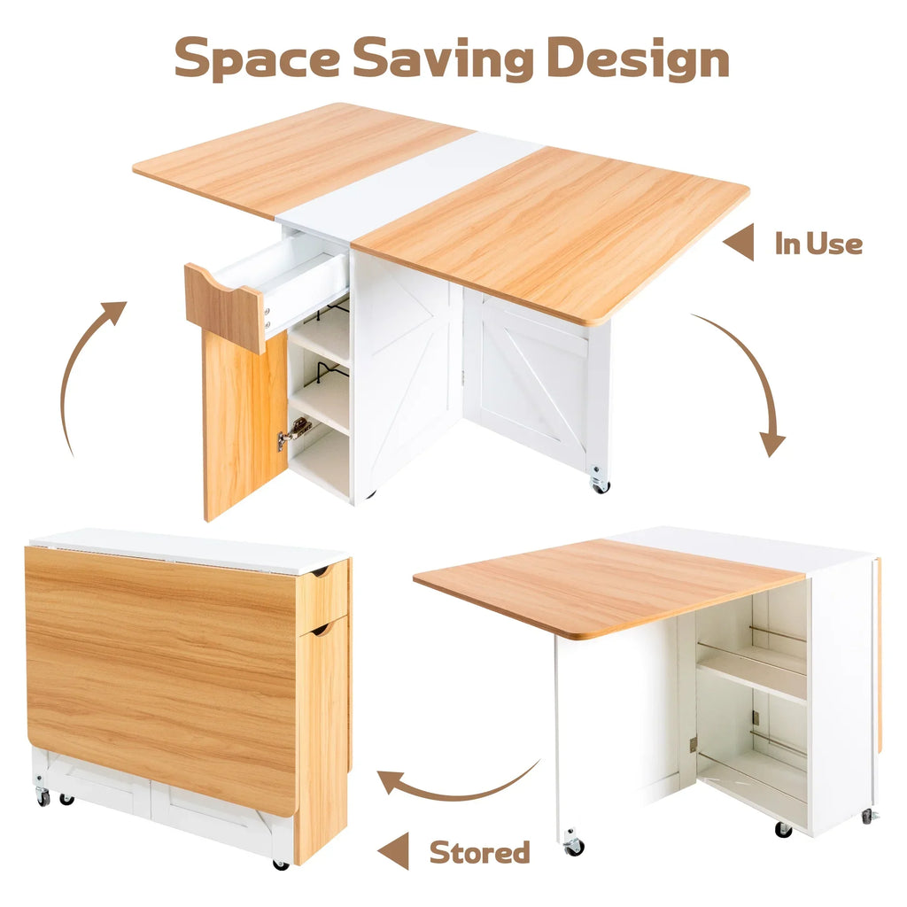 Nouveauté 2026 – Table de salle à manger pliante spanspace , table à abattants avec 6 roulettes et étagère de rangement à 2 niveaux, table gain de place pour petits espaces, table de cuisine pliante, blanche