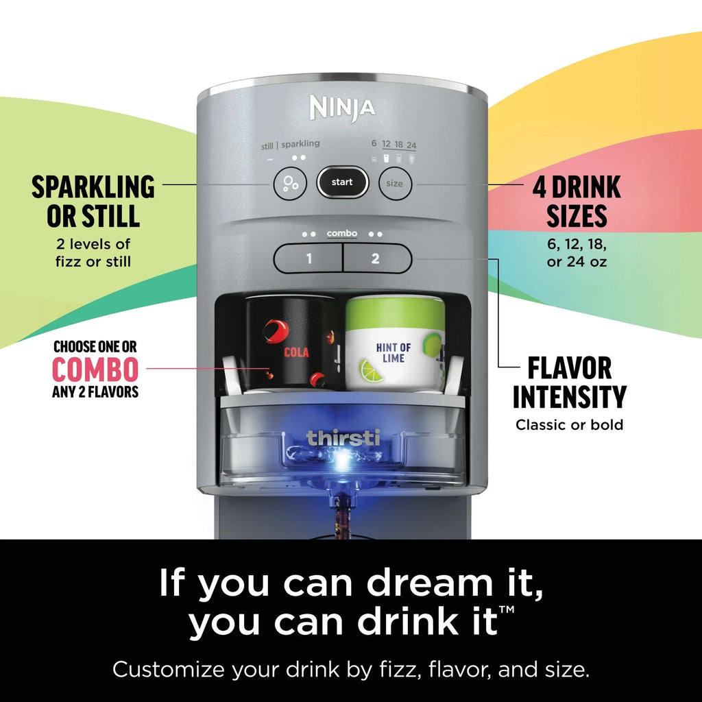 Nouveauté 2026 – Machine à boissons Ninja Thirsti , kit de boissons personnalisées plates et gazeuses, avec cartouche de CO2, arômes et réservoir de 1,4 litre