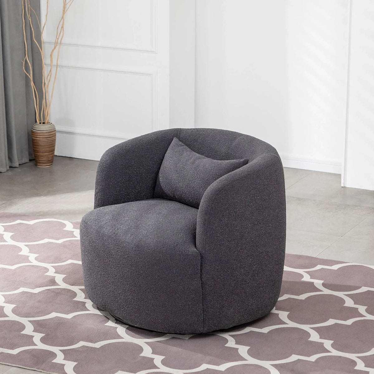 Nouveauté 2026 – Fauteuil pivotant rond 34" en bouclette de 86 cm de large, sans assemblage, avec coussin décoratif, idéal pour le salon et la chambre, couleur taupe