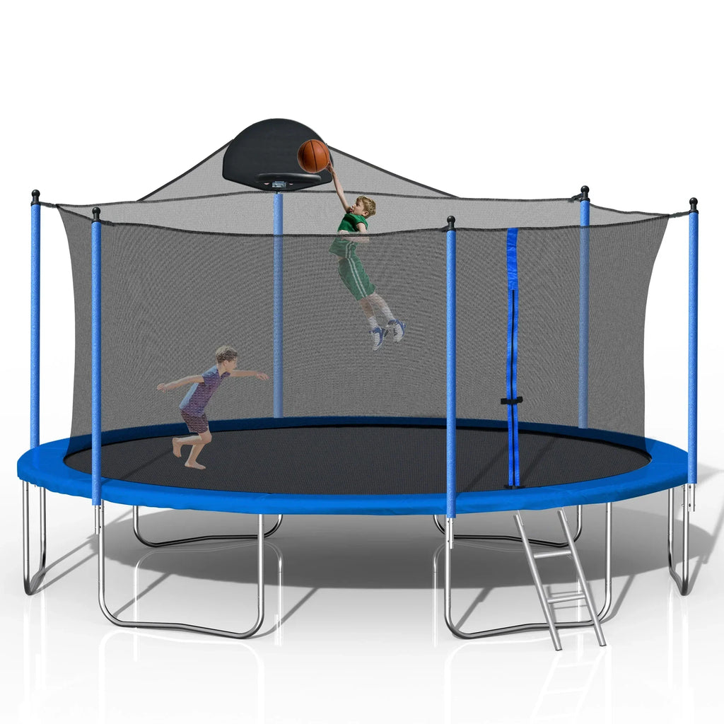 Nouveauté 2026 – Trampoline d'extérieur 4,27 m (14 pi) neuf de avec filet de sécurité, structure tubulaire en acier, échelle et filet de protection - Modèle robuste, bleu