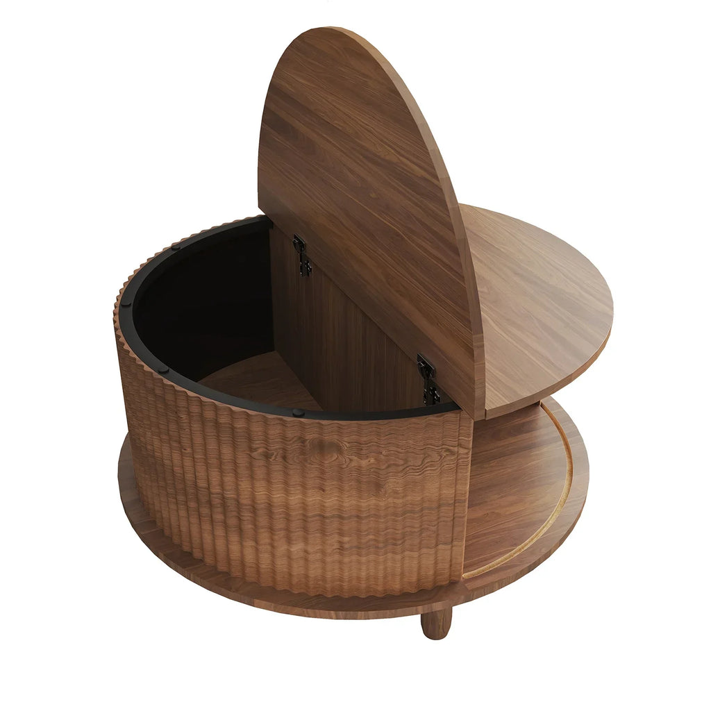 Nouveauté 2026 – Table basse ronde RUMLIVE avec rangement, table basse moderne de 78 cm avec porte coulissante incurvée à 360°, table basse en bois cannelé avec patins, table centrale ronde pour salon, noire