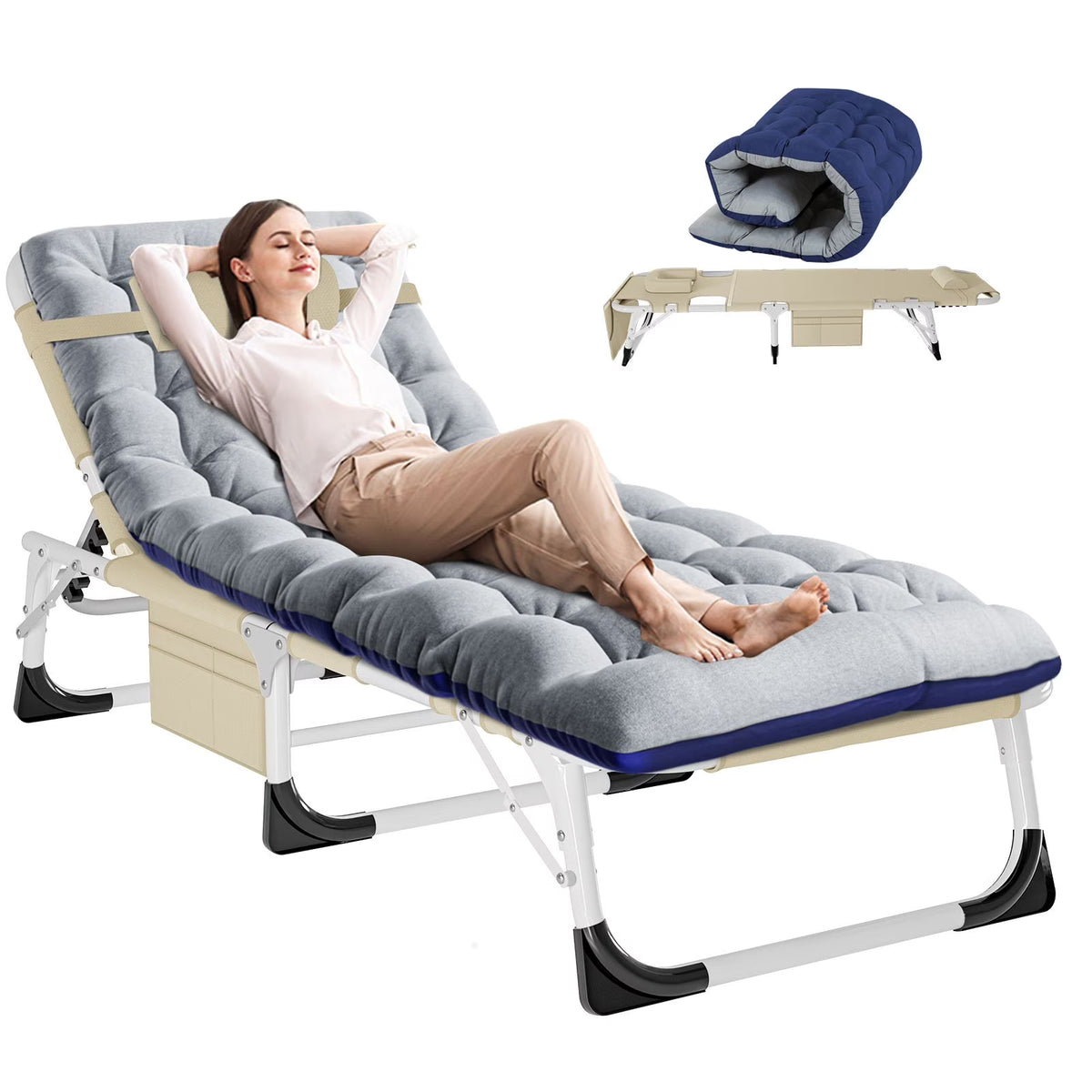 Nouveauté 2026 – Chaise longue MOPHOTO avec matelas, supportant jusqu'à 200 kg, lit de camp portable et robuste, réglable, idéal pour le camping, la piscine, la plage et la terrasse