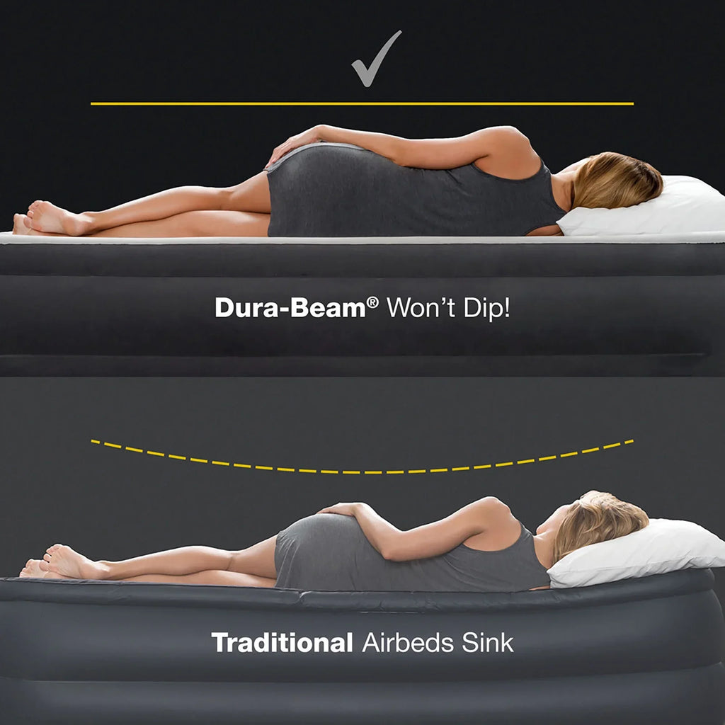 Nouveauté 2026 – D'Intex : Dura-Beam Deluxe : Matelas gonflable avec tête de lit ultra moelleuse - Queen - Gris, matelas gonflable de 45 cm, pompe intégrée, technologie Fiber-Tech, sac de transport, capacité de charge de 272 kg (64447ED