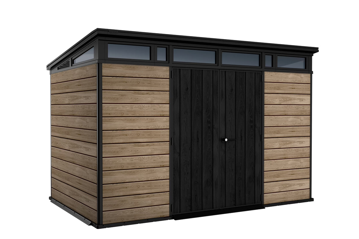 Nouveauté 2026 – Abri de jardin Keter Signature , 3,35 m x 2,13 m, en résine durable avec plancher renforcé et porte verrouillable, couleur noyer