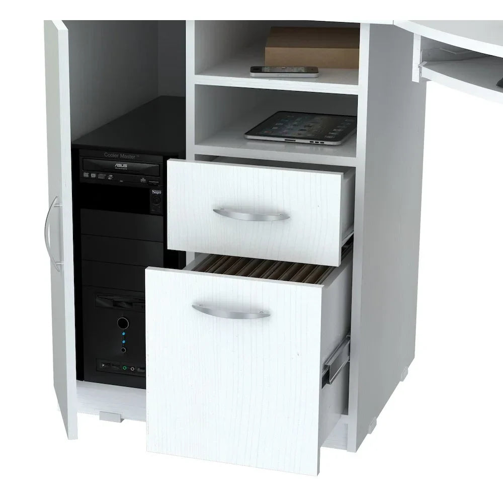 Nouveauté 2026 – Bureau d'angle moderne Inval avec 2 tiroirs et un placard, chêne blanchi