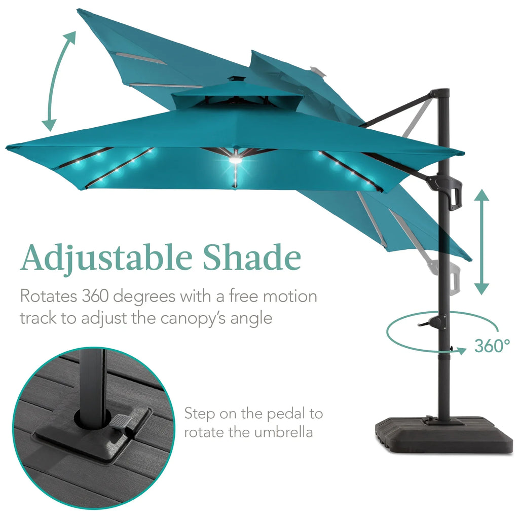 Nouveauté 2026 – Parasol de terrasse carré déporté à deux niveaux, 3 x 3 m, à éclairage solaire LED, avec base incluse (Best Choice Products, ) - Beige