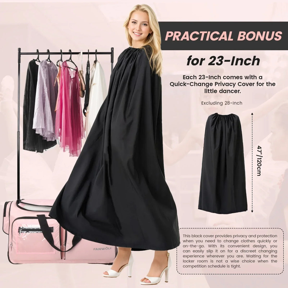 Nouveauté 2026 – Sac de danse Fegat avec portant - Sac de danse pliable à roulettes de 71 cm (28 pouces) pour compétitions, danse, spectacles, streamers et athlètes. Valise légère à roulettes