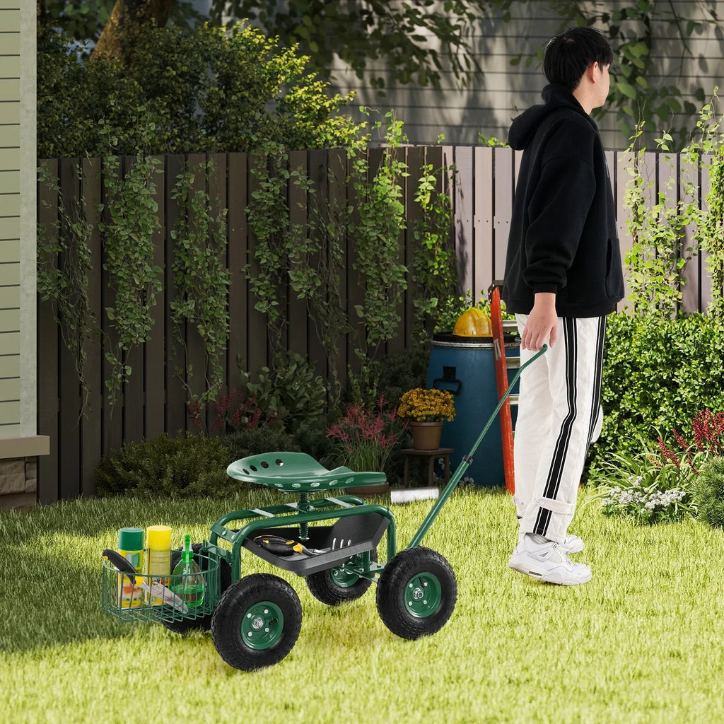 Nouveauté 2026 – Chariot de jardin Costway avec siège de travail roulant et poignée extensible, vert