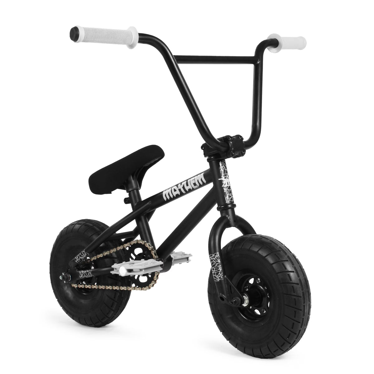 Nouveauté 2026 – Mini BMX Riot 10" à pneus larges Mayhem (Riot Black Widow), modèle , pédalier monobloc, dernier modèle pour figures acrobatiques