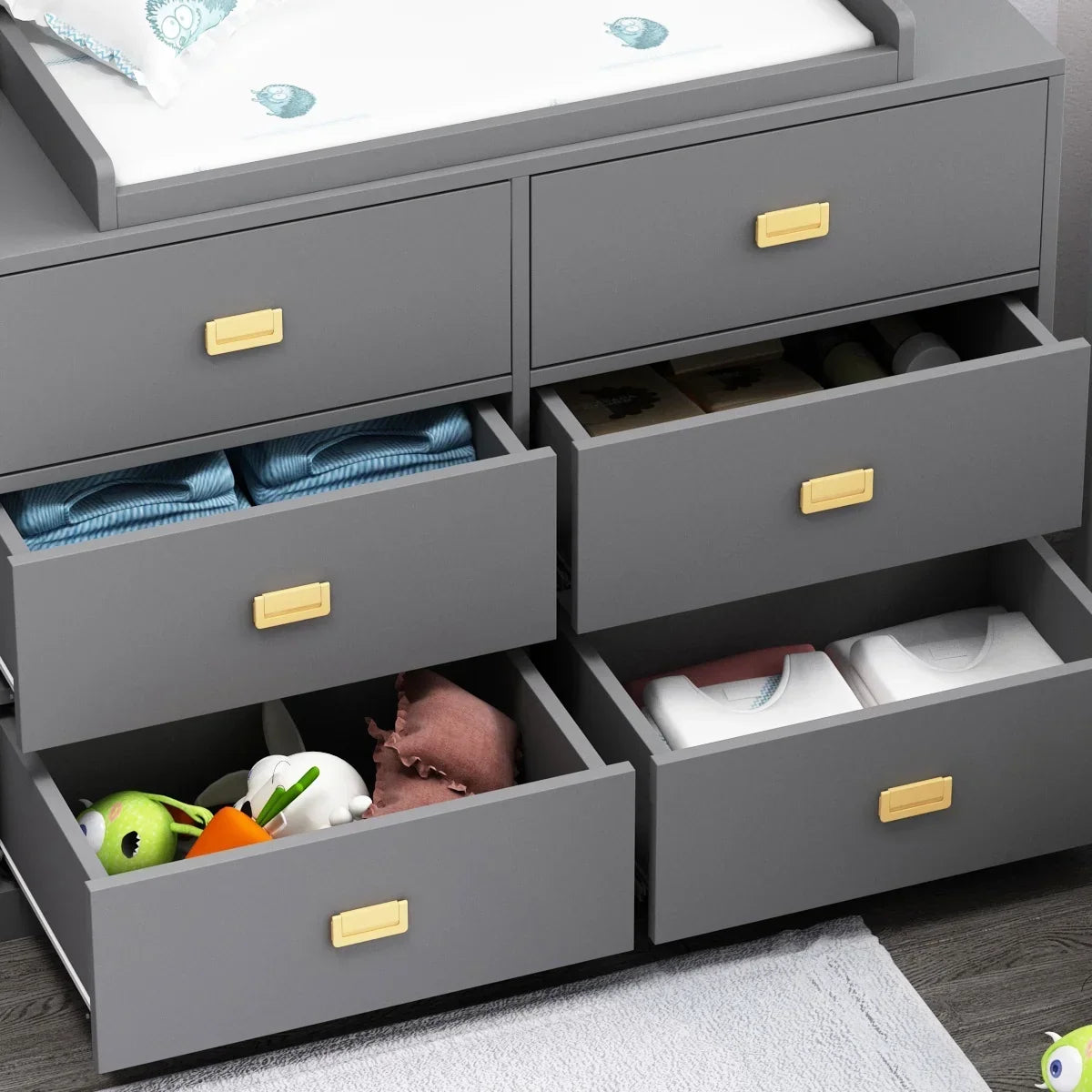Nouveauté 2026 – Table à langer/commode pour chambre de bébé OXYLIFE , 114 cm (45 po), avec 4 tiroirs et une étagère, blanche