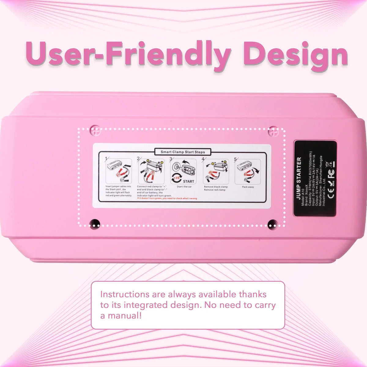 Nouveauté 2026 – Kit de démarrage de batterie portable XoooX rose avec câbles de démarrage, lampe LED et étui ; batterie de démarrage 12 V ; chargeur de batterie portable pour appareils USB/USB-C