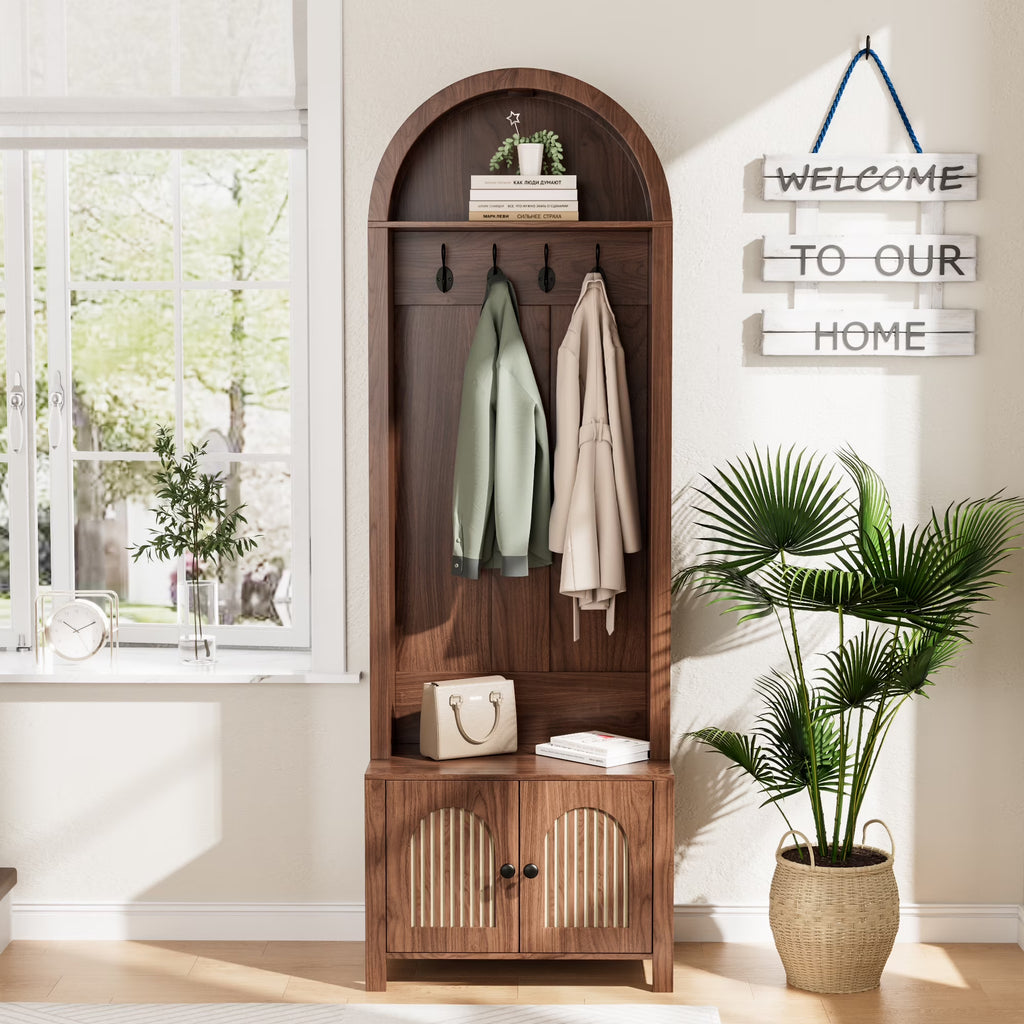 Nouveauté 2026 – Meuble d'entrée LUCKYELF avec rangement pour chaussures, banc d'entrée avec 4 crochets et 2 portes, armoire porte-manteaux en forme d'arche pour couloir