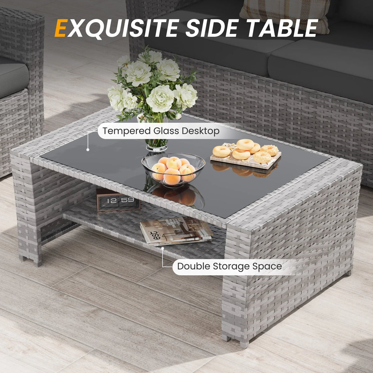 Nouveauté 2026 – Ensemble de mobilier de patio en résine tressée UDPATIO , ensemble de conversation d'extérieur 4 pièces, canapé de patio en rotin PE gris pour balcon, porche, jardin, gris
