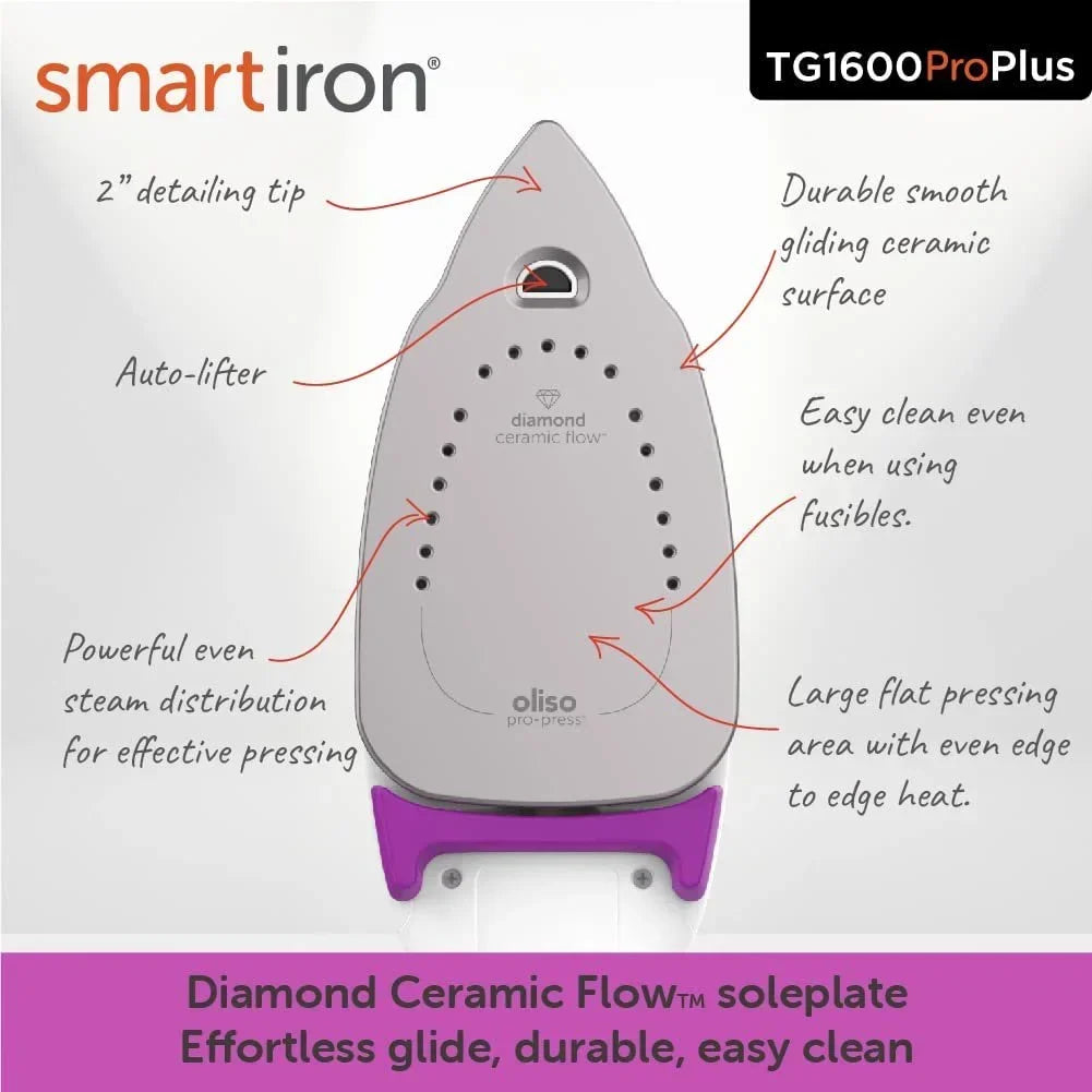 Nouveauté 2026 – Fer à repasser vapeur Oliso TG1600 Pro Plus 1800 W avec fonction SmartIron et levage automatique – idéal pour le repassage de vêtements, la couture, le quilting et les loisirs créatifs | Semelle en céramique Diamond-Flow, jaune