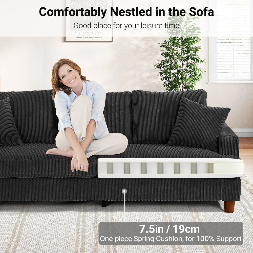 Nouveauté 2026 – Canapé 3 places en velours côtelé 221 cm (87 pouces), avec assises extra profondes, confortable et rembourré, idéal pour le salon. Comprend 2 coussins et est disponible en vert