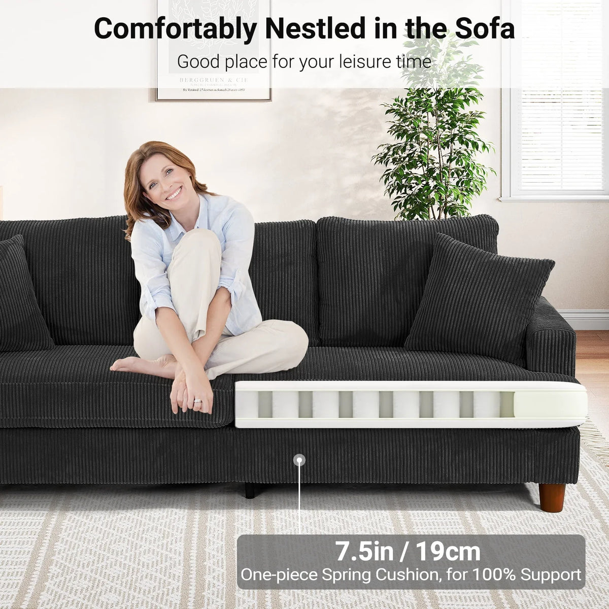 Nouveauté 2026 – Canapé 3 places en velours côtelé 221 cm (87 pouces), avec assises extra profondes, confortable et rembourré, idéal pour le salon. Comprend 2 coussins et est disponible en vert