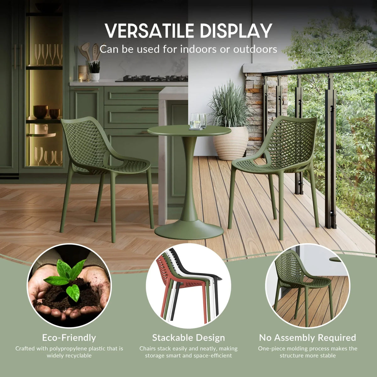 Nouveauté 2026 – Ensemble bistro de patio extérieur 3 pièces WestinTrends Playa en résine, vert olive, avec chaises d'appoint empilables
