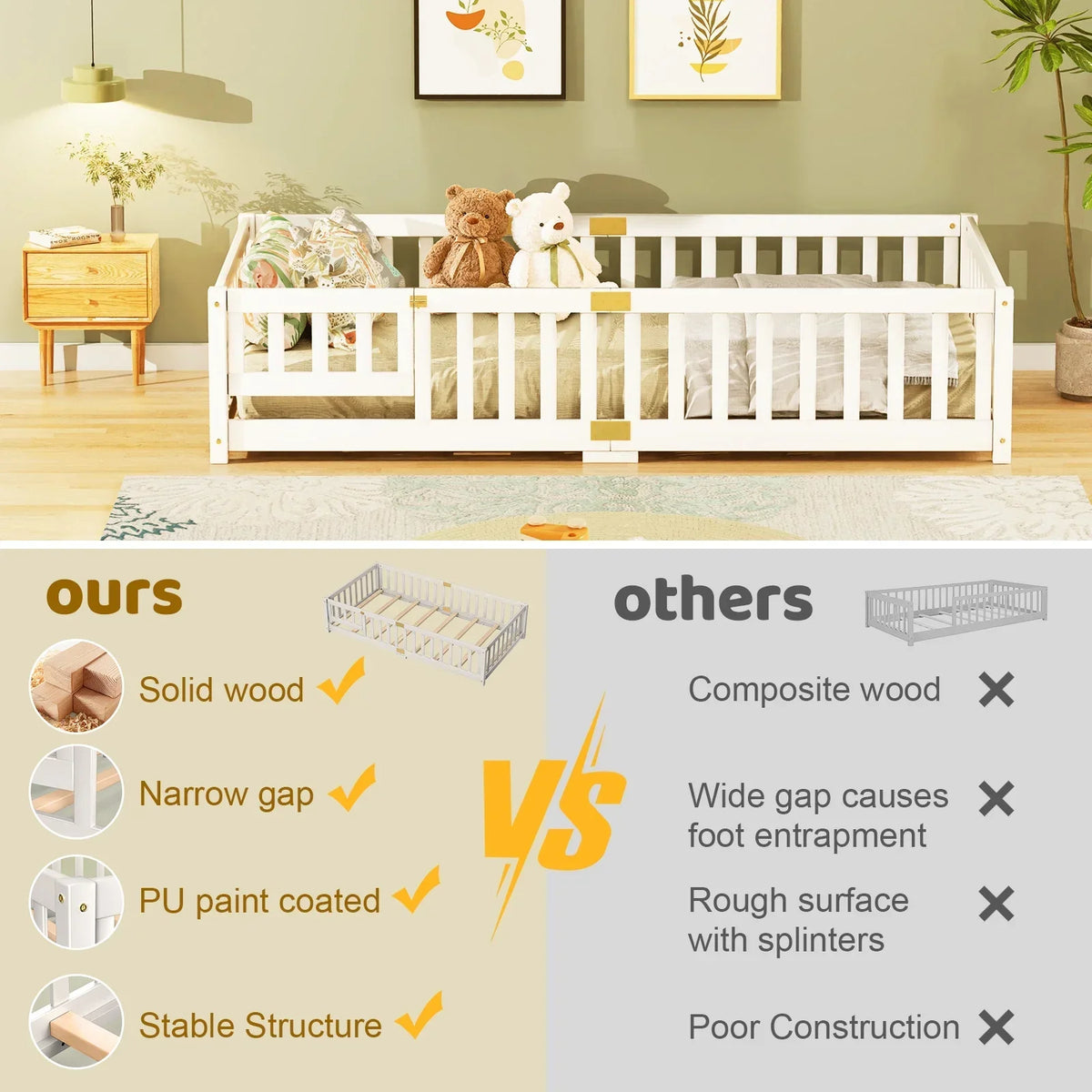 Nouveauté 2026 – Lit de sol Montessori pour tout-petits (taille jumelle), cadre de lit en bois massif avec barrière et porte, pour filles et garçons