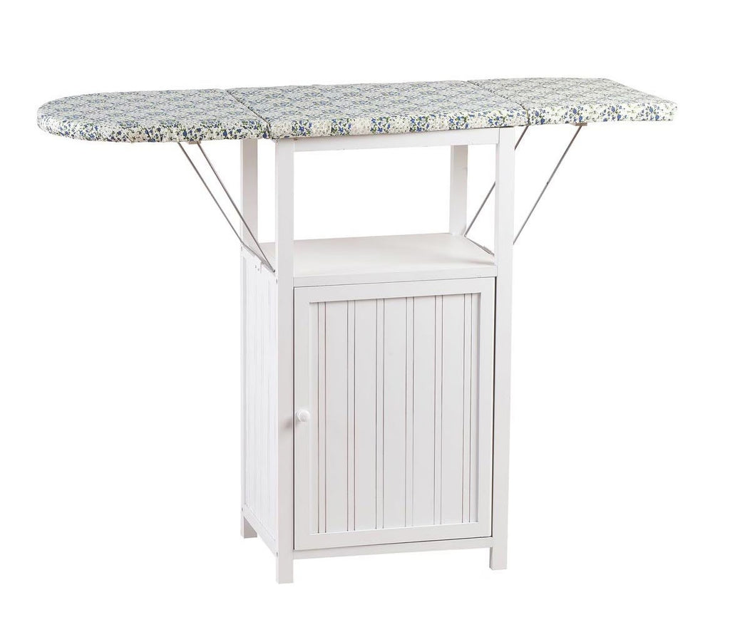 Nouveauté 2026 – Table à repasser OakRidge Deluxe avec armoire de rangement, idéale pour les petits espaces grâce à son espace de rangement supplémentaire, son plateau de pliage et sa fabrication en bois 100 % durable. Design blanc. Dimensions : 93 c
