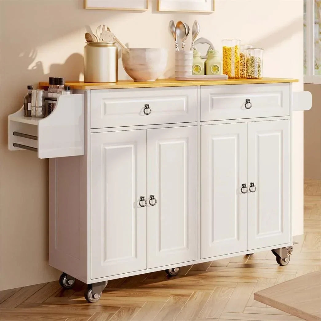 Nouveauté 2026 – Îlot de cuisine Lofka 52 pouces (132 cm) avec rangement sur roulettes et abattant en bois, idéal pour les petites cuisines
