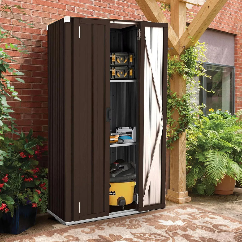 Nouveauté 2026 – Armoire de rangement extérieure AECOJOY pour jardin et terrasse, un meuble de rangement en métal avec portes et étagères, de couleur grise