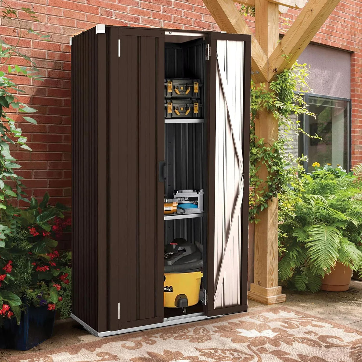 Nouveauté 2026 – Armoire de rangement extérieure AECOJOY pour jardin et terrasse, un meuble de rangement en métal avec portes et étagères, de couleur grise