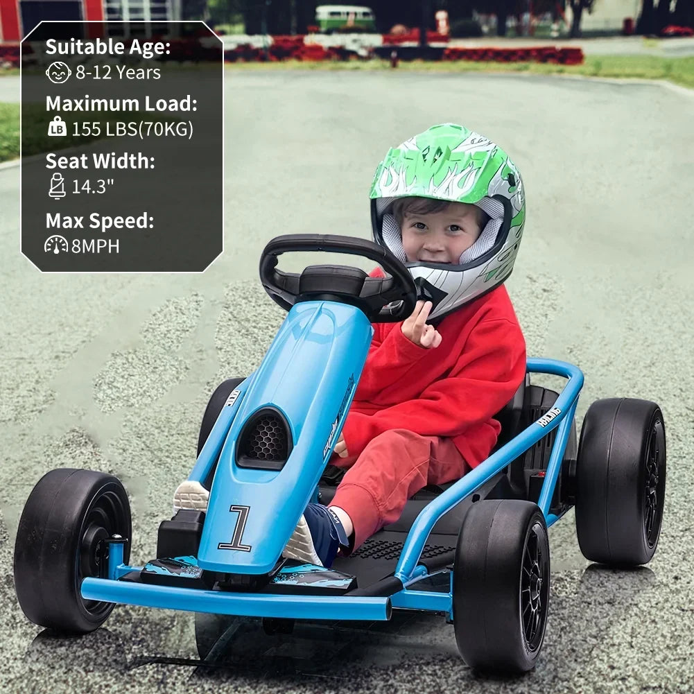 Nouveauté 2026 – Karting Simzone pour enfants, batterie 24 V, 2 moteurs 300 W, à pédales, vitesse maximale de 13 km/h, fonction drift, démarrage progressif, musique, pneus élastiques et résistants, bleu