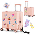 Nouveauté 2026 – Valise à roulettes Advwin pour enfants, avec sangle de traction, repose-pieds, porte-gobelet, 6 roues et poignée réglable, valise pivotante de 45,7 cm (18 pouces) avec autocollants et carte d'embarquement, rose