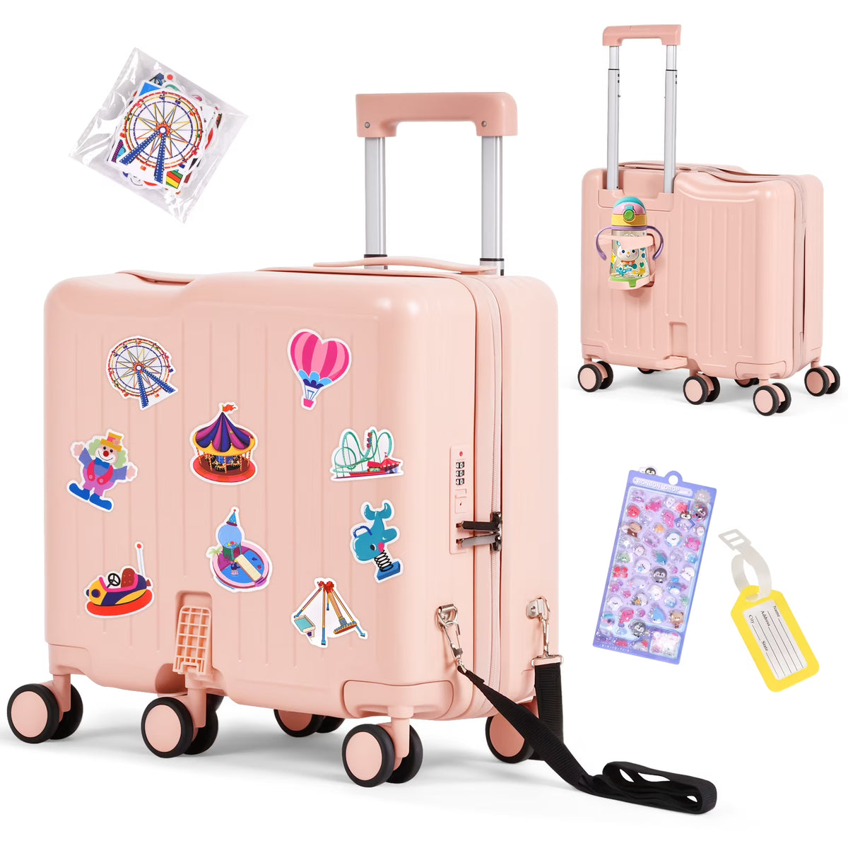 Nouveauté 2026 – Valise à roulettes Advwin pour enfants, avec sangle de traction, repose-pieds, porte-gobelet, 6 roues et poignée réglable, valise pivotante de 45,7 cm (18 pouces) avec autocollants et carte d'embarquement, rose
