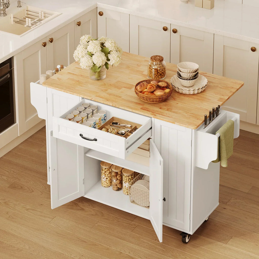 Nouveauté 2026 – Îlot de cuisine Noelse avec rangements, table d'appoint rabattable, porte-épices et porte-serviettes pour petites cuisines, blanc