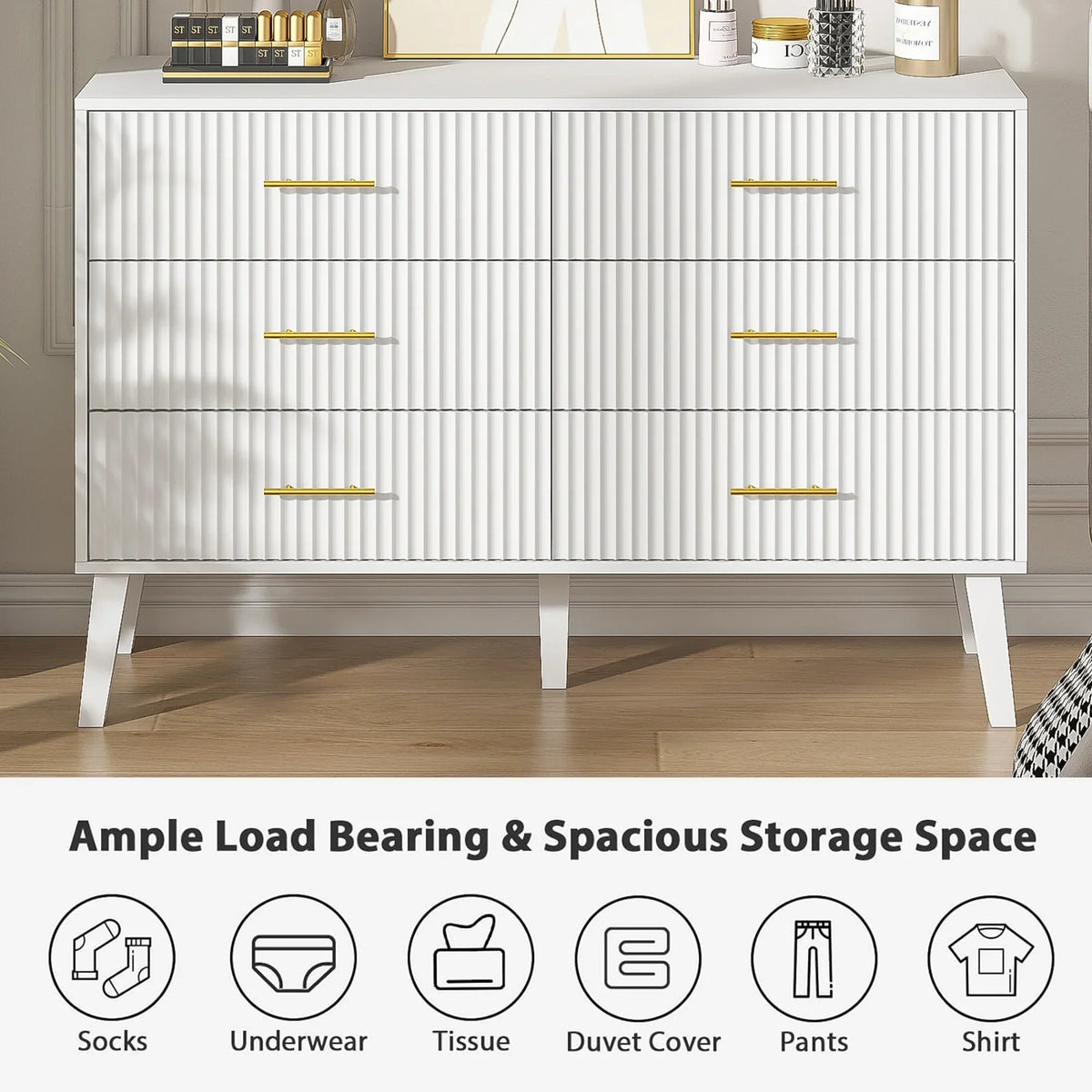 Nouveauté 2026 – Commode à 6 tiroirs Fluted , commode moderne large, commode double à 6 tiroirs