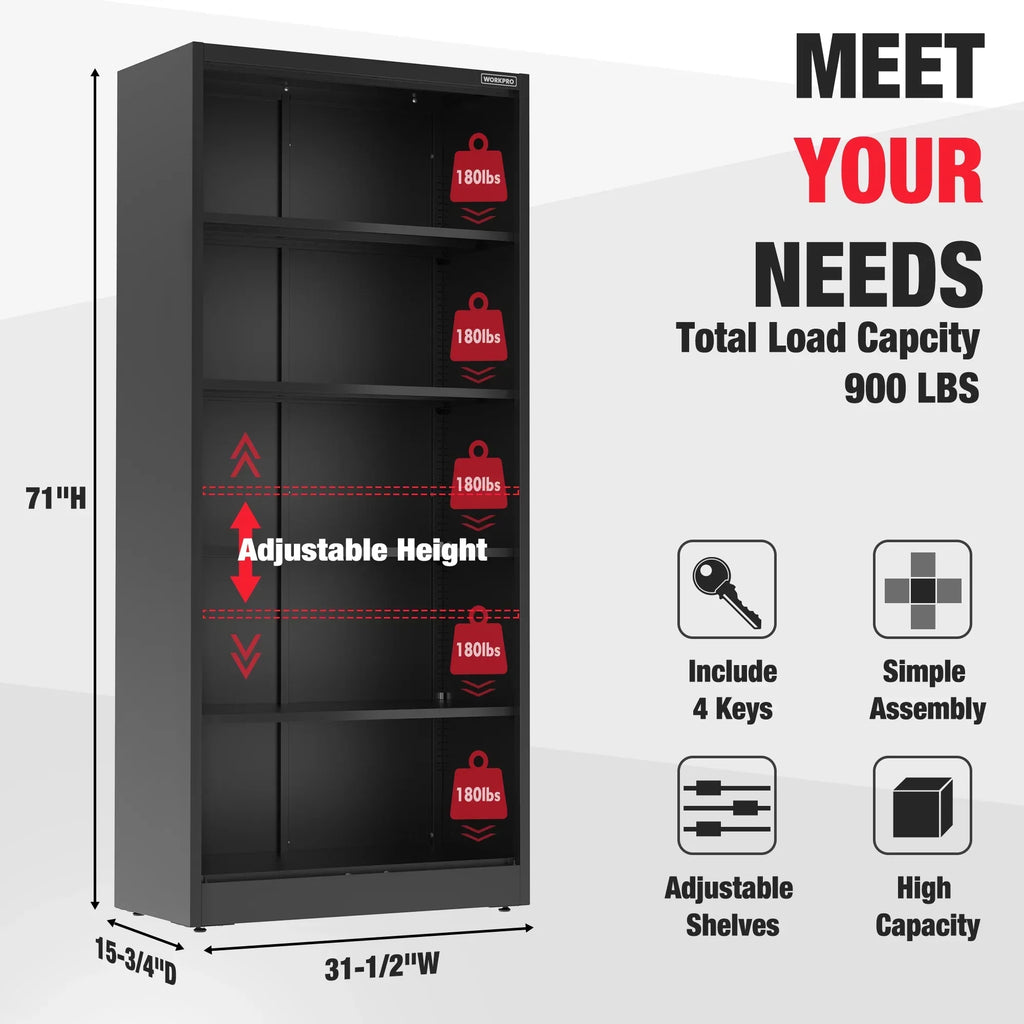 Nouveauté 2026 – Armoire de rangement métallique WORKPRO avec portes verrouillables et étagères réglables, hauteur 180 cm (71 pouces), idéale pour les outils, le bureau, la maison et les ateliers (noir), emballage soigné