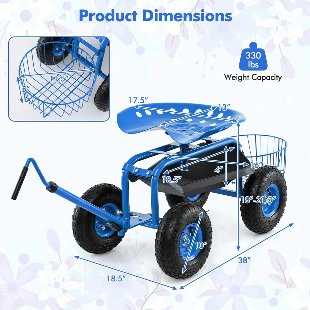 Nouveauté 2026 – Chariot de jardin Costway avec siège de travail roulant et poignée extensible, vert