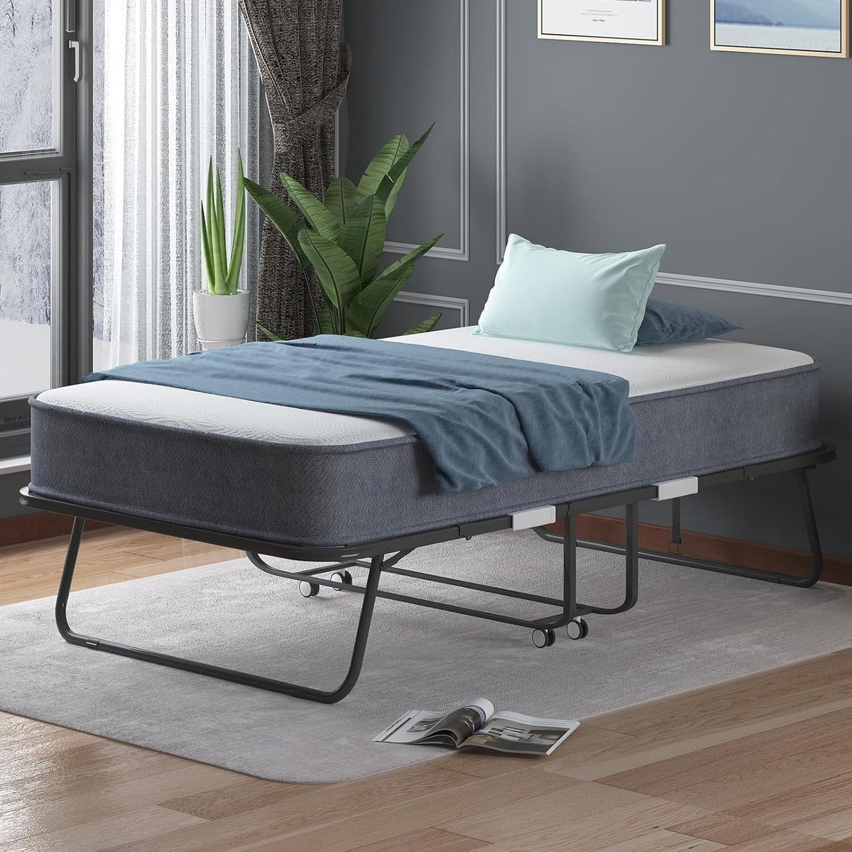 Nouveauté 2026 – Lit pliant Puremind avec matelas en mousse de 10 cm, lit d'appoint 190 x 79 cm pour adultes, lit portable avec roulettes verrouillables, montage et déplacement faciles, standard
