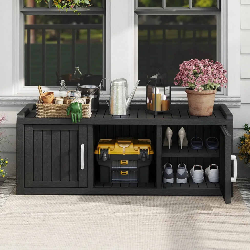 Nouveauté 2026 – Meuble de rangement à chaussures d'extérieur KAMABOKO , banc de rangement étanche et résistant aux UV pour entrée, intérieur et extérieur, avec 2 portes coulissantes de style grange et étagères réglables pour entrée, chambre, couloir