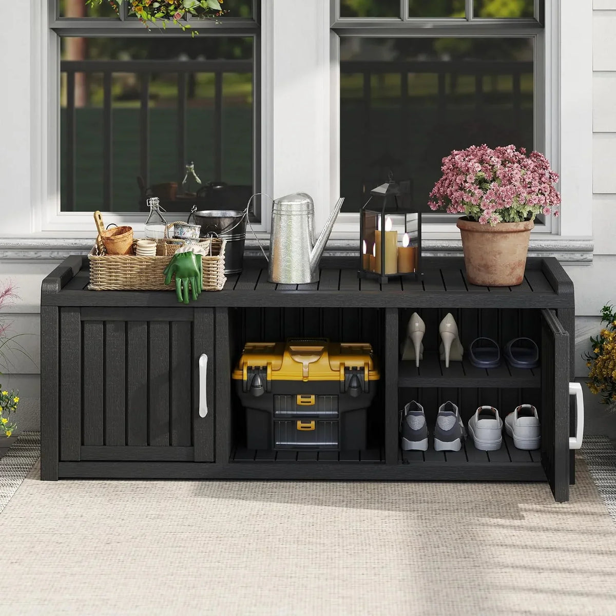 Nouveauté 2026 – Meuble de rangement à chaussures d'extérieur KAMABOKO , banc de rangement étanche et résistant aux UV pour entrée, intérieur et extérieur, avec 2 portes coulissantes de style grange et étagères réglables pour entrée, chambre, couloir