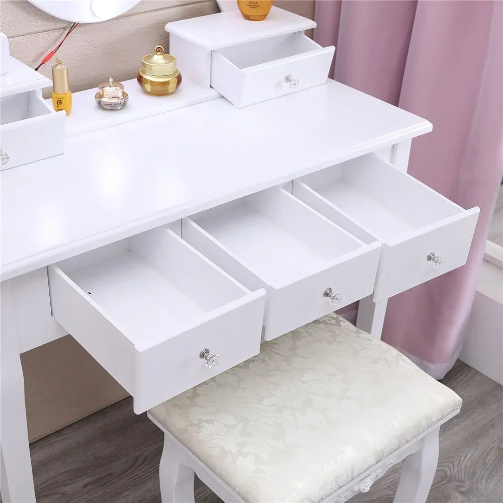 Nouveauté 2026 – Coiffeuse Ktaxon avec 10 lumières LED, 5 tiroirs et tabouret rembourré, ensemble de coiffeuse blanc pour chambre à coucher