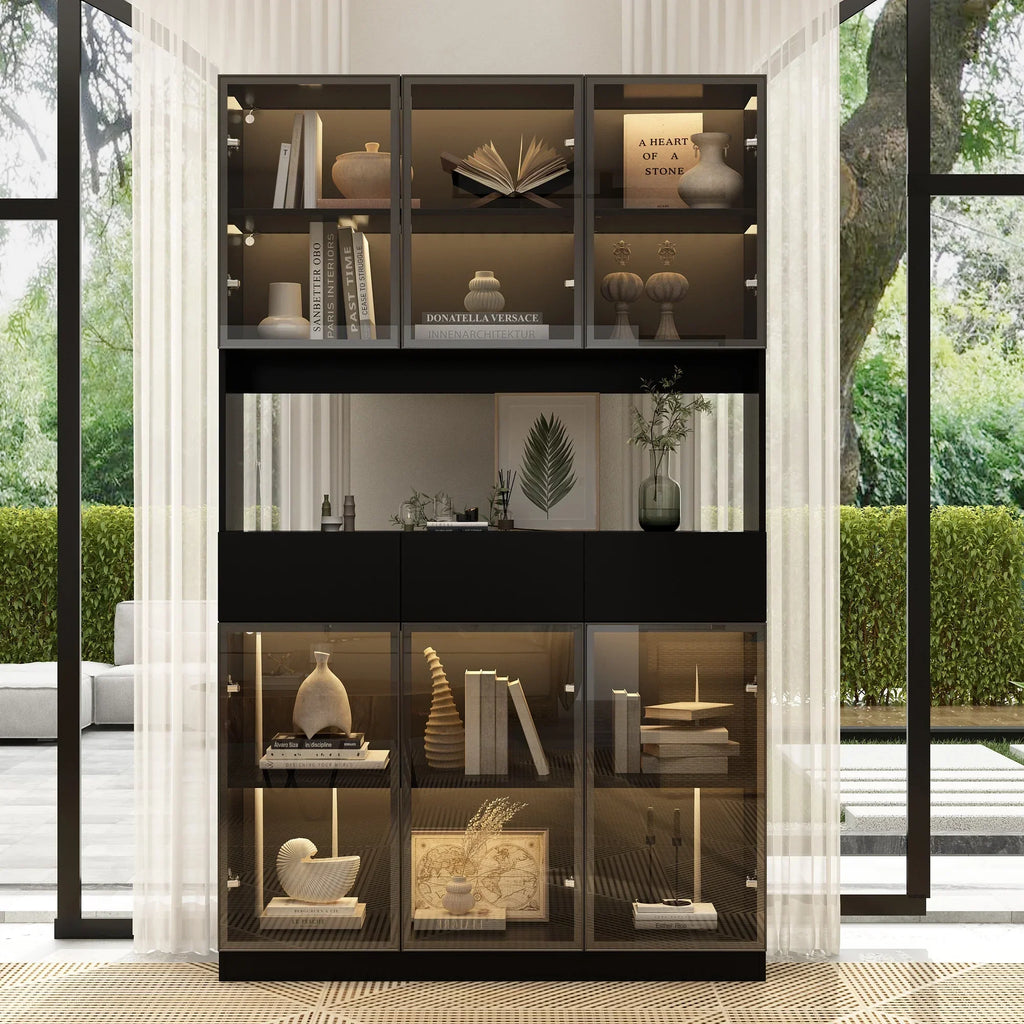 Nouveauté 2026 – Bibliothèque/organisateur KULAGAGA avec éclairage LED, vitrine robuste avec porte vitrée pour salon, 80 cm de large